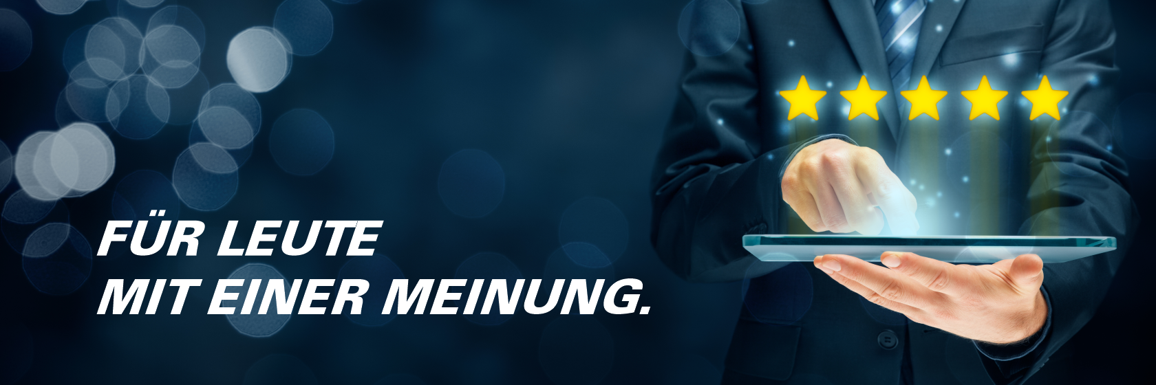 Bewertungsaufmacher Tablet mit fünf Sternen drüber
